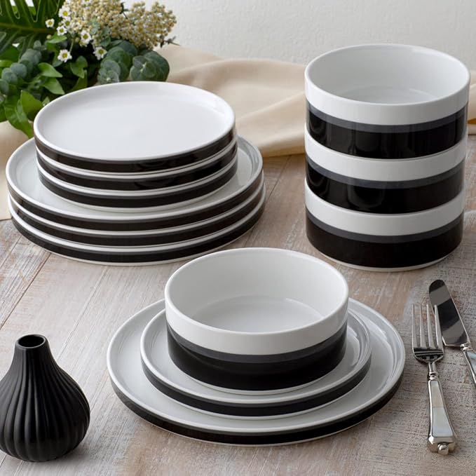 Noritake ColorStax Stripe Black 12-Piece Dinnerware Set Service for 4
