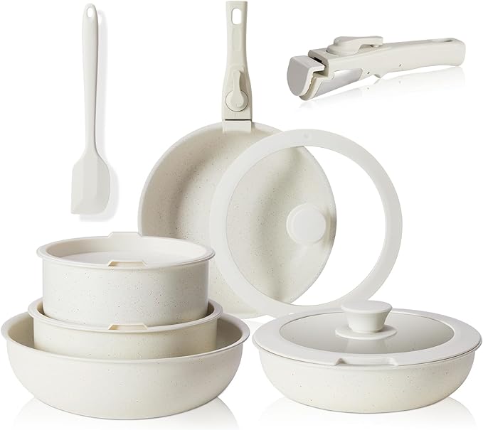 12 PCS Pots and Pans Set Non Stick Kitchen Induction Cookware Oven-Safe Stackable RV Cookware with Detachable Handle