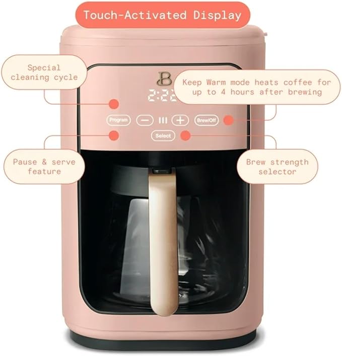 Programmable 14-Cup Drip Coffee Maker with Touch-Activated Display and Reusable Filter for Hot Coffee Brewing (Rose)