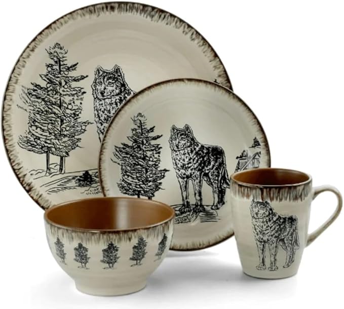 16-Piece Green Stoneware Dinnerware Set – Retro Round Plates and Bowls for 4 Microwave &amp Dishwasher Safe Elegant Rustic Tableware (Sand)