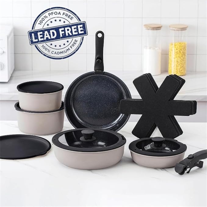 Pots and Pans Set Healthy Safe Ceramic Nonstick Kitchen Cookware with Soft Touch Removable Handle CookwareCream DiamondOne-Denim-One