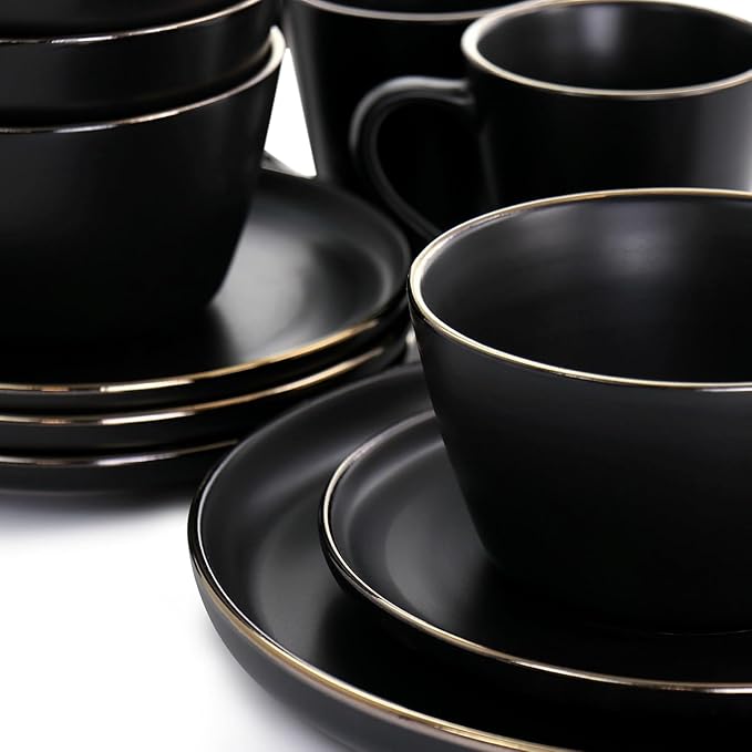 16 Piece Stoneware Dinnerware Set with Gold Rim – Matte Black White &amp Slate Plates Bowls and Mugs – Microwave &amp Dishwasher Safe Tableware Set for 4 (Matte Black)