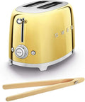 Smeg TSF01GOUS 50's Retro Style Toaster Bundle with Bamboo Tongs - (Gold) 2 Slice