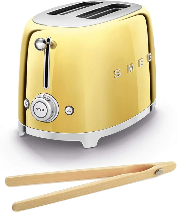 Smeg TSF01GOUS 50's Retro Style Toaster Bundle with Bamboo Tongs - (Gold) 2 Slice