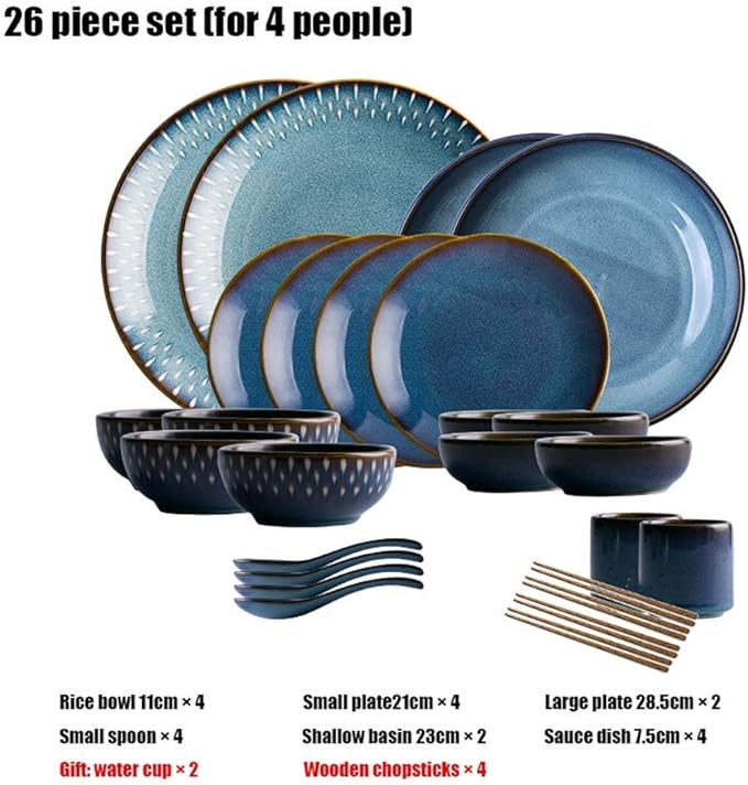 Dinner Plates Creativity Ceramics Dinner Sets 26 Pieces Blue Nordic Style Porcelain Combination Set - Bowl/Dish/Spoon | Kiln Glaze Dinnerware for Restaurant Box