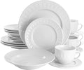20 Piece White Porcelain Dinnerware Set with Mugs and Saucers – Embossed Arched Design Service for 4 Microwave &amp Dishwasher Safe