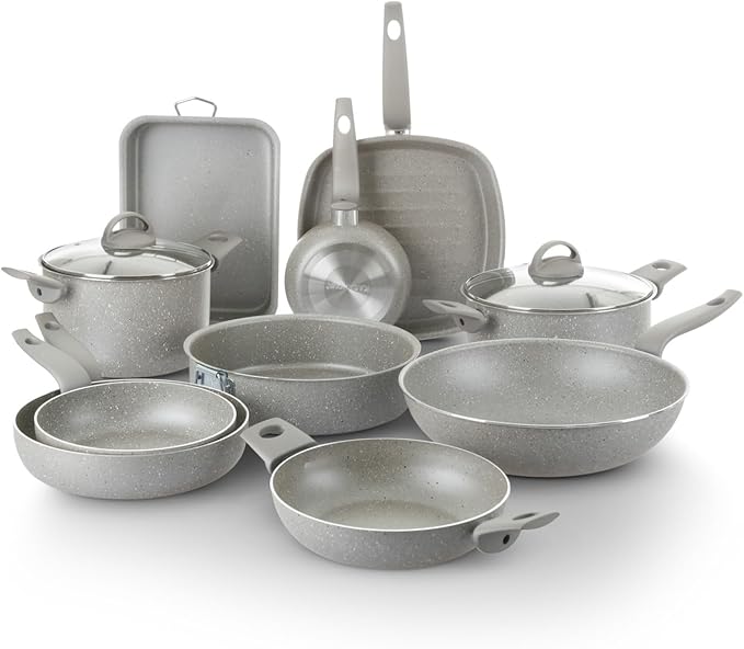 12Pcs Cookware set Made in Italy pots and pans set Nonstick kitchen set Greblon nonstick coating Healthy &amp PFOA/GenX-free Oven-safe baking pans Grey (12 Piece)