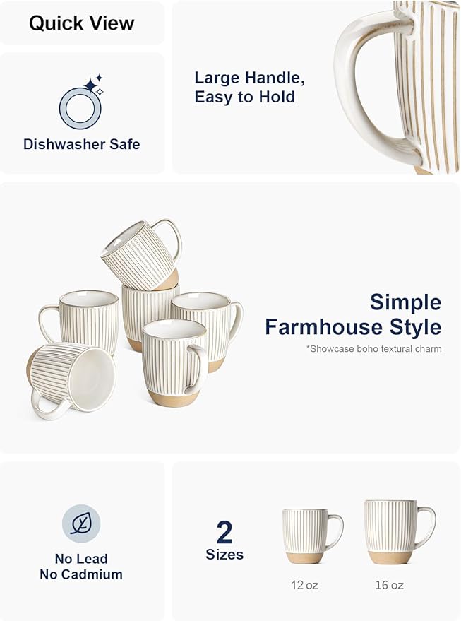 LE TAUCI Coffee Mugs 16 ozCeramic Mug Set Embossment Cups for Latte Hot Tea Cappuccino Mocha CocoaSuit For Housewarming Wedding- 3.8 inch Set of 6 Arctic White