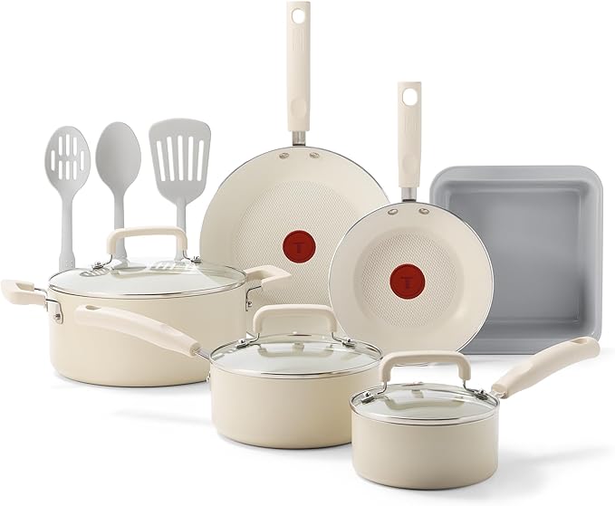 T-Fal Signature Nonstick 12 Piece Cookware Set Oven Safe Up to 350°F Dishwasher Safe Pots and Pans Set Includes Frying Pans Saucepan Stockpot Cooking Utensils Beige