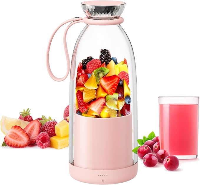 Asa Vea Mini Blender for Smoothies and Milkshakes Portable Blender Rechargeable Personal Size Blender with Quota Outer Travel Lid with 4 Blades 11 oz for Outdoors Camping (Pink-550ml)