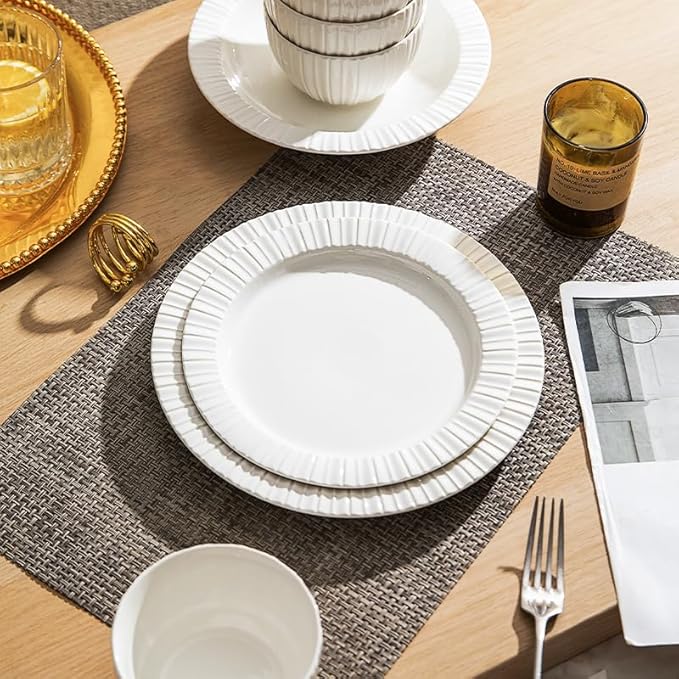 24-Piece White Ceramic Dinnerware Set - Rhine Series Service for 6 Includes Bowls Flat &amp Deep Plates Microwave &amp Dishwasher Safe