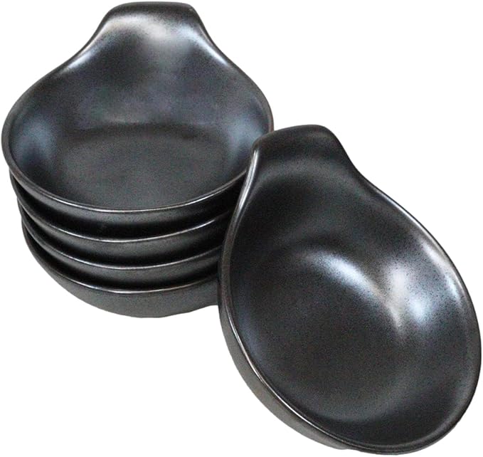 Ebros Gift Iron Black Clay Underglaze Technique Tetsu Kesho Porcelain Dinnerware Kitchen Set Asian Japanese Restaurant Supply (Set of 5 Soup Appetizer Dessert Sauce Shallow Bowls With Handle)