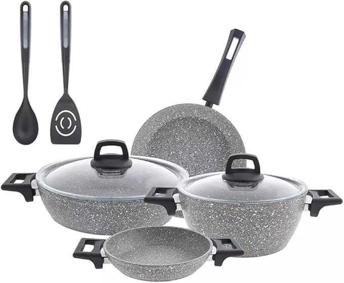 8 Parts Cookware Set Granite Looking Plated Fireproof Non-Stick Anti-Scratch Durable