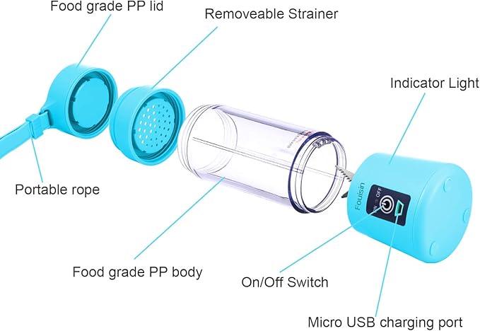 Portable blender Personal 6 Blades Juicer Cup Household Fruit MixerWith Magnetic Secure Switch USB Charger Cable 380ML (Blue)