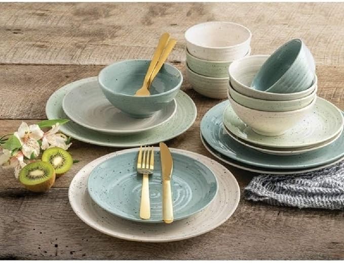 16 Piece All Seasons Farmhouse Casual Solid Textured Pattern Stoneware Dinnerware Sets Modern &amp Contemporary Rustic Charm Multi Colored White Seafoam Blue Plates and Bowls Sets