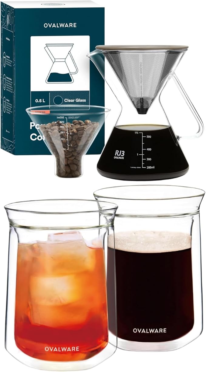 ovalware Pour Over Coffee Dripper Maker Paperless Stainless Steel Filter Precision Measuring Cup and Carafe with Double Wall Single Lip Insulated Glass Minimalistic Double Wall Drinkimg Mug
