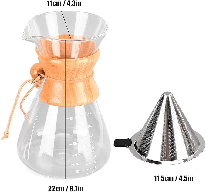 Pour Over Coffee Maker Coffee Dripper Brewer Paperless Glass Carafe Coffee Pot with Stainless Steel Filter &amp Wood Sleeve for Home Travel(1000ml)