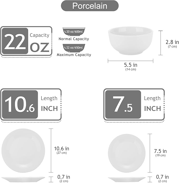 VEWEET Dinner Service 18-Piece Porcelain Tableware Set Basic Series with 6 Cereal Bowls Dessert Plates and Flat Plates for 6 People