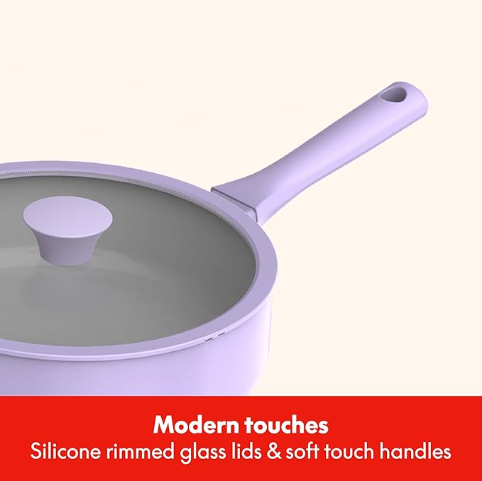 So Yummy by bella 12 Piece Cookware Set w EverGood™ Ceramic Nonstick Coating and Silicone &amp Wood Utensils Dishwasher Safe Silicone &amp Glass Lids Oven Safe &amp All Stovetop Compatible Lave