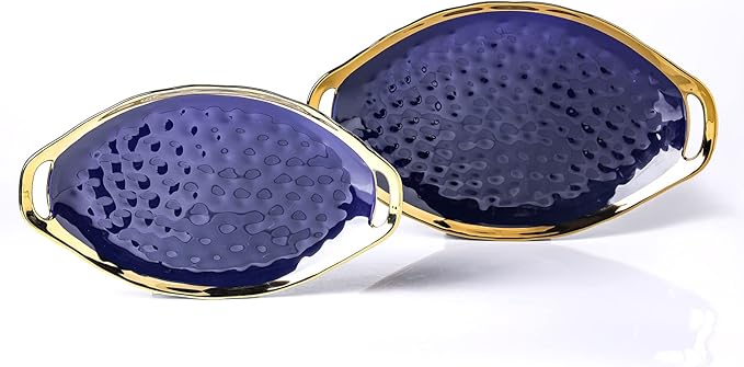 Stone Lain Florian Porcelain Large and Medium Oval Platters with Handle Service Set Blue with Gold Rim