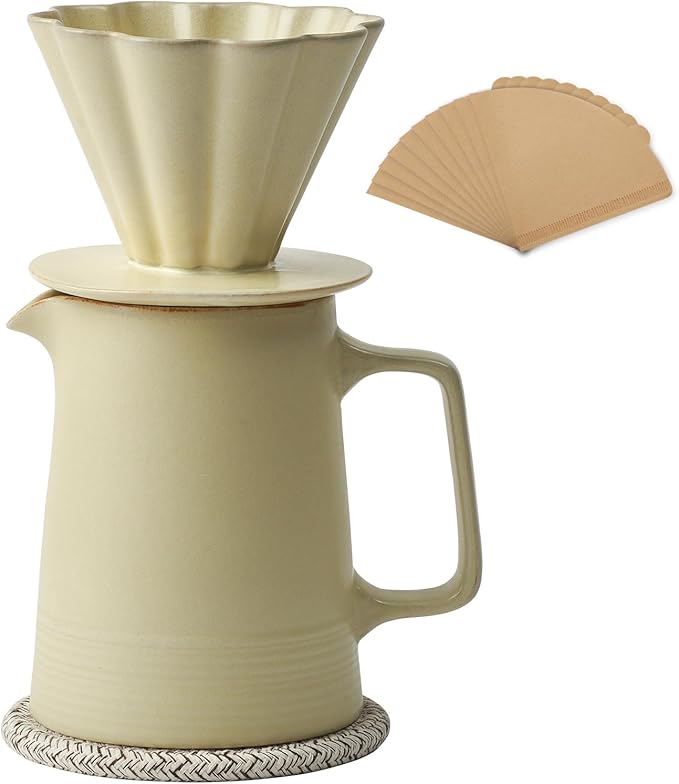 Pour Over Coffee Maker Ceramic Coffee Dripper with 40pcs V02 Paper Filter &amp Coaster 18.2oz/540ml Flower Shape Pour Over Coffee Filter set (Celadon Set)