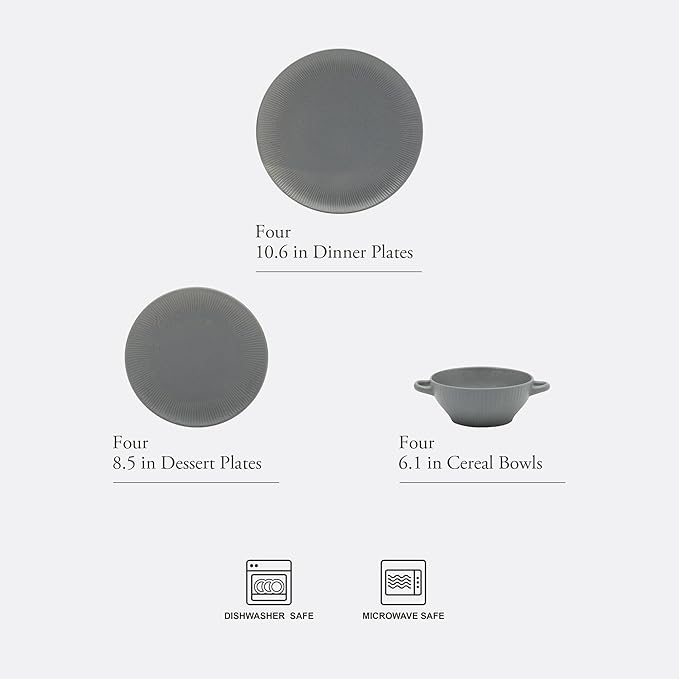 Gibson Elite Clover Hill 12-Piece Stoneware Dinnerware Set – Dark Blue Embossed Plates and Bowls with Matte Speckled Reactive Glaze Service for 4 – Microwave &amp Dishwasher Safe