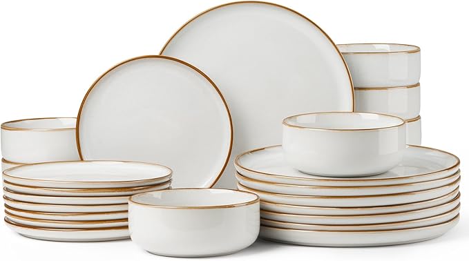 Herogo 24 Pieces Stoneware Dinnerware Dishes Sets for 8 Kitchen Handmade Dining Plates and Bowls Sets Double Reactive Glaze Microwave &amp Dishwasher Safe Scratch Resistant Ivory White