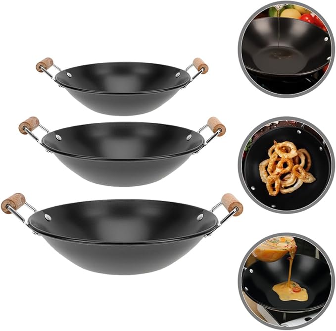 Homoyoyo 3pcs Stainless Steel Overflow-proof Dry Cooking Pots with Black Wooden Handles Small Household Cooking Pans for Stove Use Sturdy Metal Cookware Set for Single and Family Meals