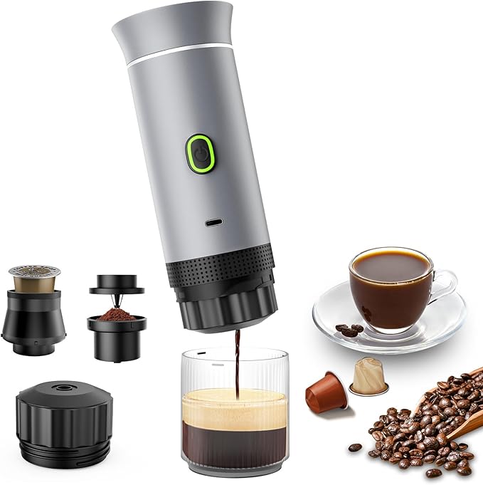 Portable Coffee Maker Espresso Machine for camping Travel Coffee Maker with USB-C 3-in-1 Small Espresso Machine with Ground Coffee &amp Capsules (NS＆DG) for RV Hiking Office(Silver)