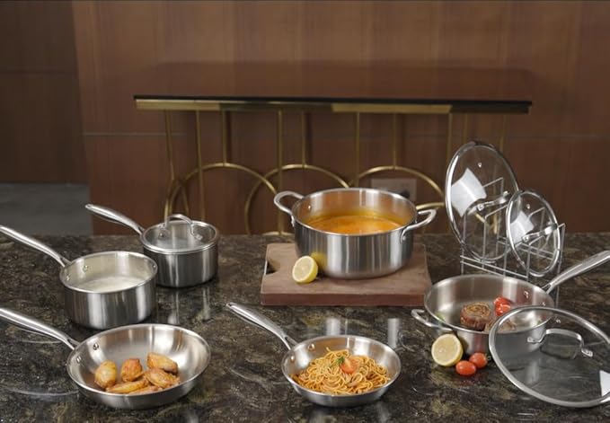 10-Piece Tri-Ply Stainless Steel Cookware Set - Induction-Ready Glass LidsPots and Pans Kitchen Set Riveted Handles Dishwasher Safe Compatible with All Cooktops
