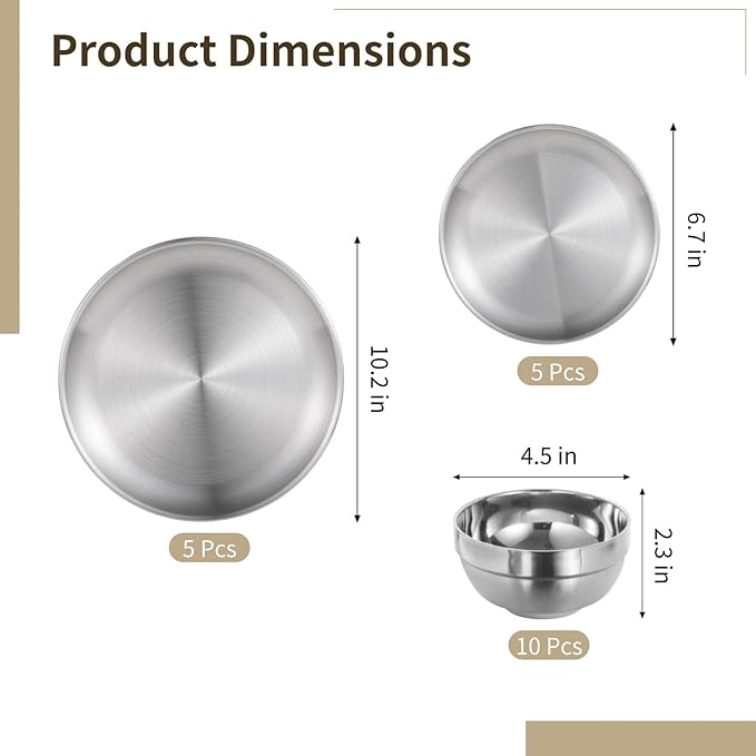 20PCS Stainless Steel Plates and Bowls Sets Includes 10PCS 6.7 &amp 10.2 in Plates 10 Pieces Bowls 304 Reusable Camping Mess Kits for Home Kitchen Dorm and Outdoor Picnic (Silver-A)