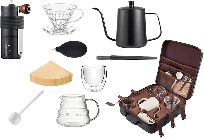 Single Serve Manual Pour Over Coffee Maker Kit - Portable V60 Drip Cone Gooseneck Kettle Glass Carafe &amp Grinder for Travel Camping Home &amp Specialty Brewing (Black)