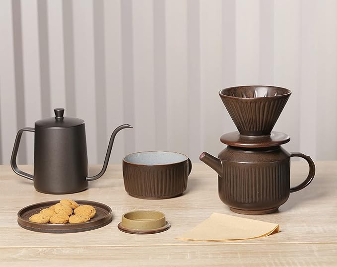 Pottery Pour Over Coffee Maker Ceramic Cone Filter Hand Drip Coffee Dripper Reusable Stoneware Pourover Coffee Brewer Size 02 (Rustic Chocolate Brown)