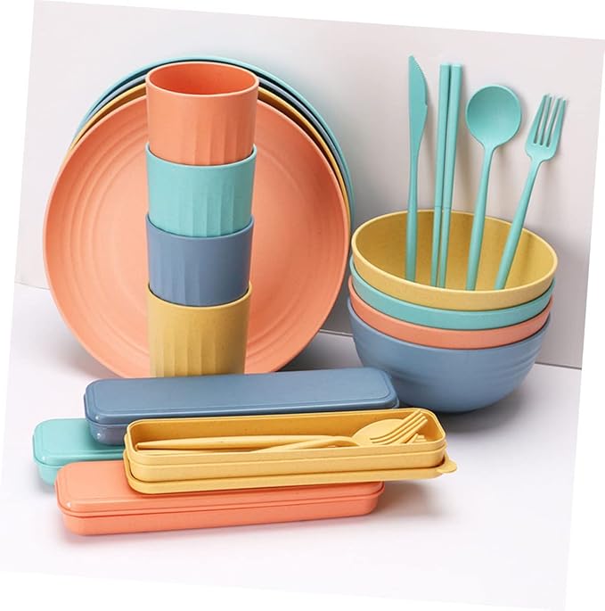 4sets Portable Cutlery Set Straw Bowl Cup Plate Farmhouse Dinnerware Wheatstraw Dinnerware Set