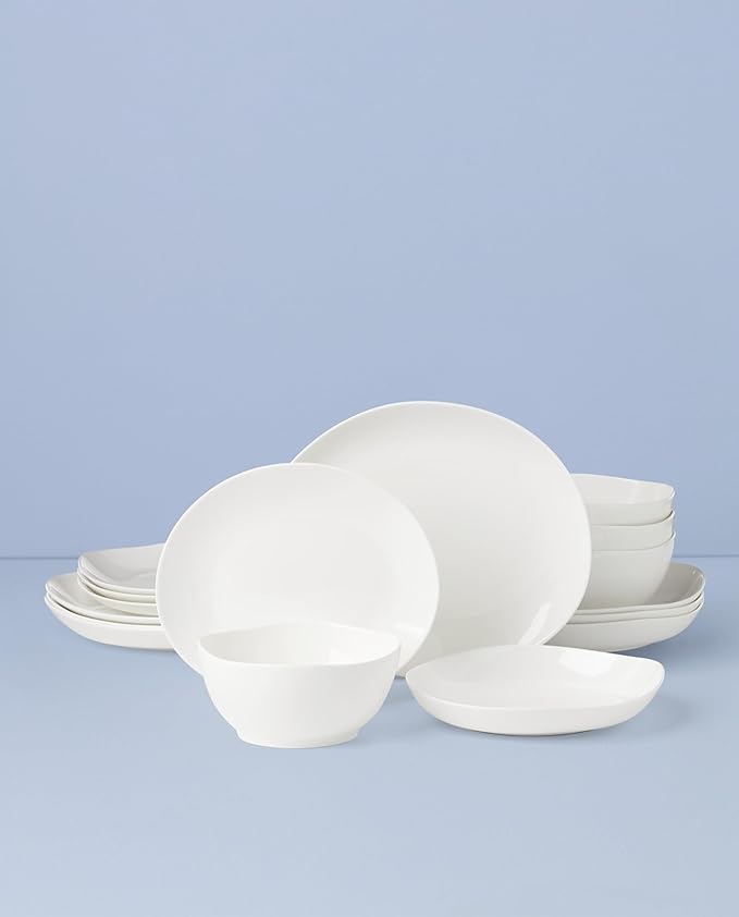Lenox Dinnerware Set Studio 1414 Curve 16-Piece Set Service For 4 Bone China Material Dishwasher &amp Microwave Safe Home And Kitchen Kitchen And Dining Plates And Bowls Sets (White 16 Pieces