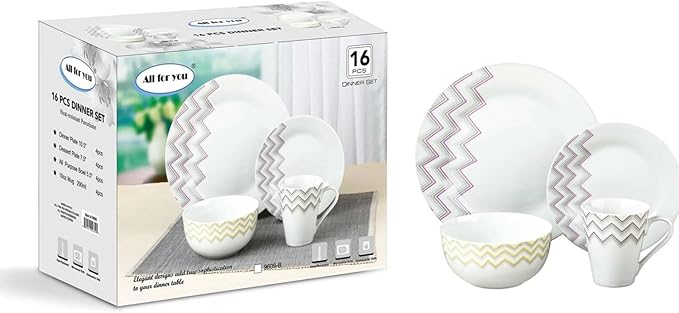 16 Piece Striped Ceramic Dinner Set Heat Resistant Porcelain