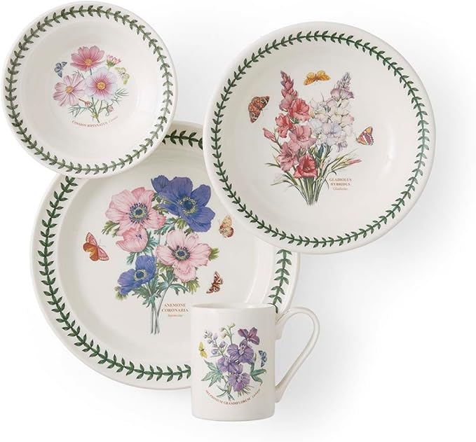 Portmeirion Botanic Garden 4 Piece Dining Set – Floral Earthenware Dinnerware Blooms – Includes 10.5 Dinner Plate 8.3 Salad Plate 6.5 Bowl &amp 12 Oz. Mug – Dishwasher Safe Tableware Essentials