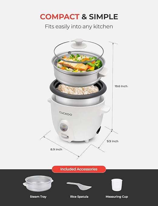 CUCKOO One Touch Rice Cooker 12-Cup Cooked Small Rice Cooker &amp Warmer with Steamer Tray Versatile Grain Cooker Soup Maker Auto Keep Warm 6-Cup Uncooked White (CR-0601C)