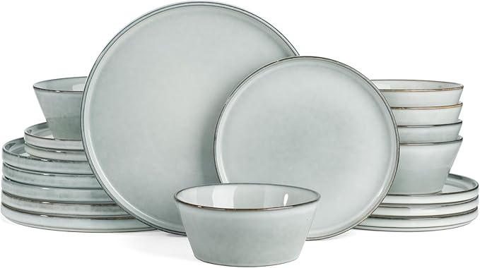 Famiware Annecy Dinner Plates and Bowls Sets Stoneware Dinnerware Sets Dishes Set for 6 18 Pieces Handmade Dishware Set - Microwave &amp Dishwasher Safe Double Reactive Glaze Tableware Grey-Blue