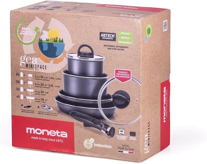Moneta GEA Minispace Battery 6 Pieces with Removable Handle 100% Recycled Aluminium Also for Induction. Made in Italy