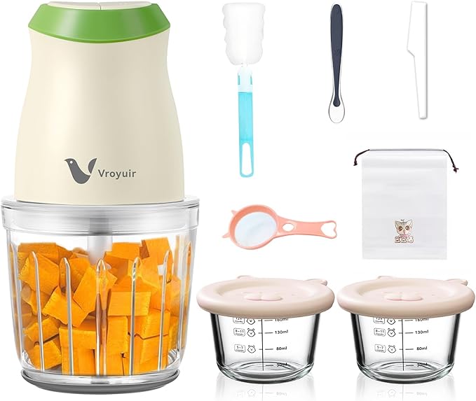 Baby Food Maker 600ML Food Processor with 8 Blades 2 Speeds Electric Food Chopper Meat Grinder with Two 200ML Bowls - for Baby Food Pureeing Chopping Dicing Mixing Vegetables Meat Nuts