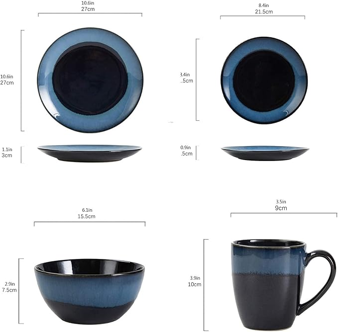 Household Plates and Bowls Sets Durable Ceramic Dinner Plate Sets Blue Dinnerware Set of 4 Dinner Plates Salad Plates and Mug Dinnerware Set