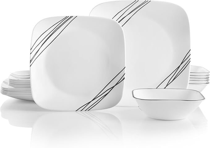 Corelle Vitrelle 18-Piece Service for 6 Dinnerware Set Triple Layer Glass and Chip Resistant Lightweight Square Plates and Bowls Set Simple Sketch