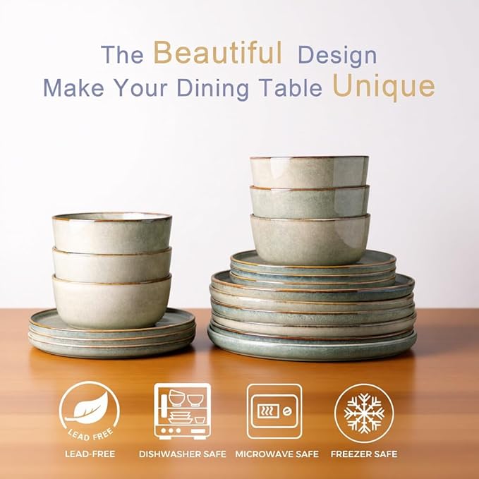 AmorArc Ceramic Dinnerware SetsRound Reactive Glaze Stoneware Plates and Bowls SetHighly Scratch Resistant | Dishwasher &amp Microwave Safe DishesService for 6 (18pc)