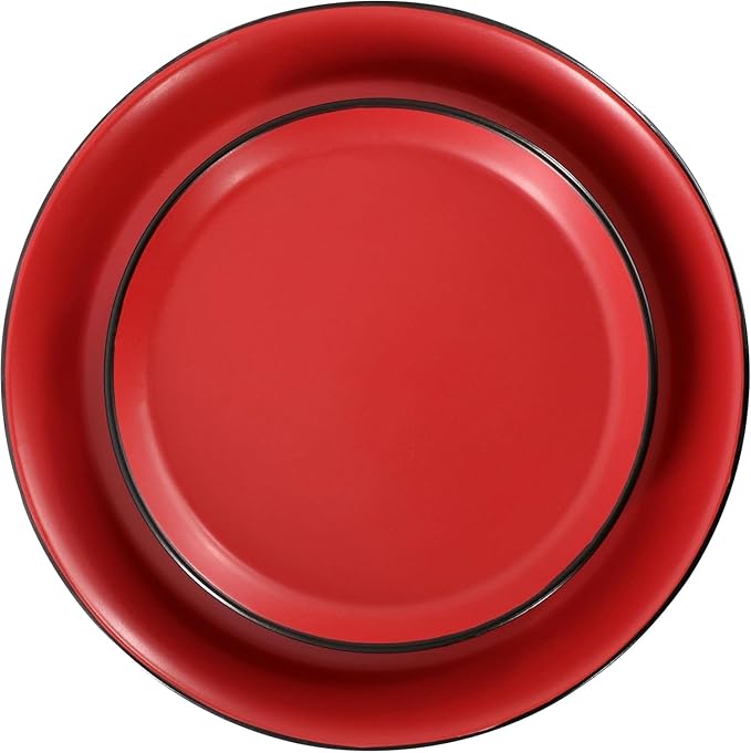 16 Piece Stoneware Dinnerware Set – Two-Tone Plates Bowls &amp Mugs for 4 Modern Matte Finish Microwave &amp Dishwasher Safe (Red)