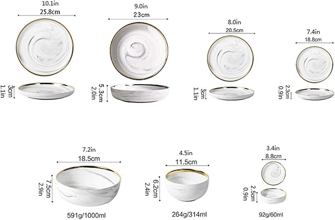 7-Piece d Edged Marble Dinnerware Set - Compact Kitchen T for 2 with Round Ceramic Plates and Sauce Bowls