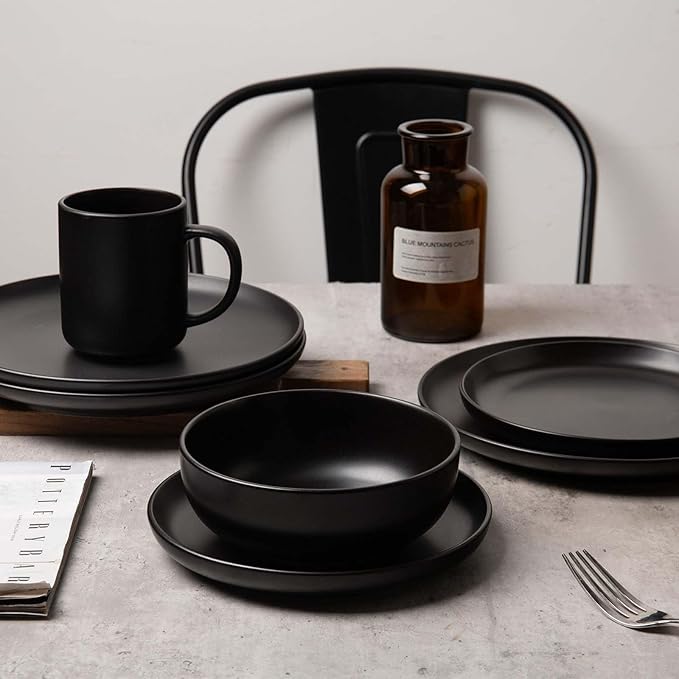 Plates and Bowls Sets 12 Pieces Stoneware Dinnerware Sets with Mugs Stackable Matte Glaze Kitchen Stoneware Plates and Bowls Set for 3 Microwave and Dishwasher Safe(Black)