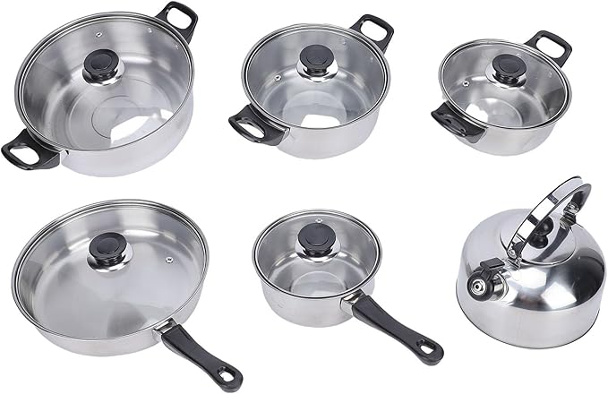 Fdit Stainless Steel Cookware Set 6 Piece Kitchen Pots and Pans Set with Glass Lids and Tea Kettle Induction Compatible Pot Set for Frying Boiling Stewing Multi Size Cooking