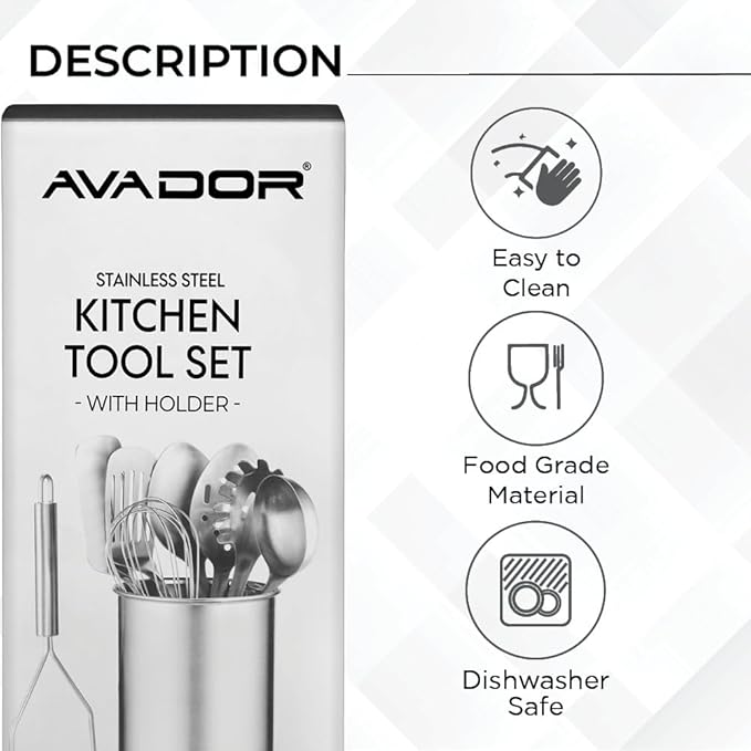 Avador® Premium Set of 10 Stainless Steel Kitchen Tool Set with Holder Easy To Clean Space Saving Great for Cooking Baking Prepping
