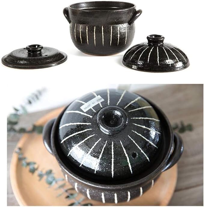 Clay Rice CookerJapanese Stone Rice Pot with Double LidEarthenware Rice PotStockpotHeat Resistant Ceramic CasseroleRound Stove Stew Pot Black 21x17.5cm (Black 21x17.5cm(8x7inch))